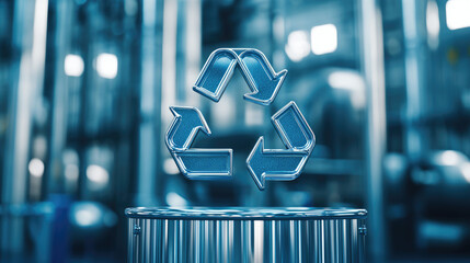 A symbol of recycling displayed prominently in a modern industrial setting.
