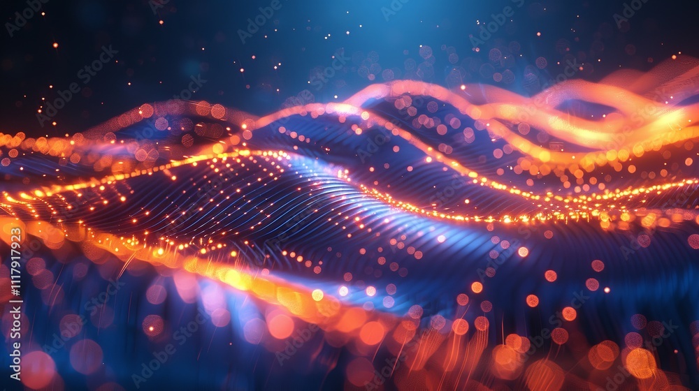 Poster abstract wave with moving dots and lines. flow of particles, technology background.