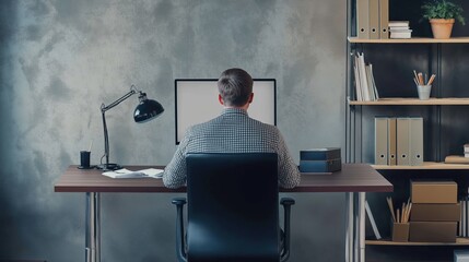 Man sitting in an armchair, working on computer , grey wall in the background