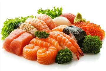 Sushi platter display japanese cuisine food photography white background top view culinary artistry for food lovers
