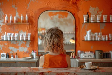 A woman with short, wavy hair in an orange top sits at a cosmetics counter in a salon featuring a bright orange wall. Shelves lined with beauty products and a coffee cup complete the setting
