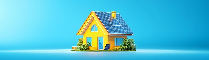Home battery packs alternative electric energy storage. Bright yellow house with solar panels