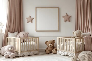 Baby toys and frame on brick wall background
