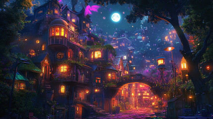 Fototapeta premium Enchanting night view of a magical town illuminated by glowing windows and lanterns