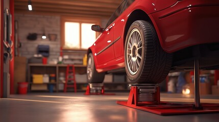 Car being lifted in garage with tire visible for replacement during maintenance tasks