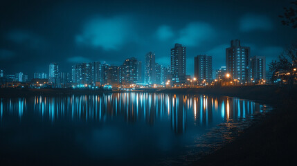 Fototapeta premium City skyline reflection on water at night with bright lights in dark atmosphere