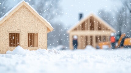 Small wooden house structure on a snowy construction site, with snowfall and blurred workers in the background.