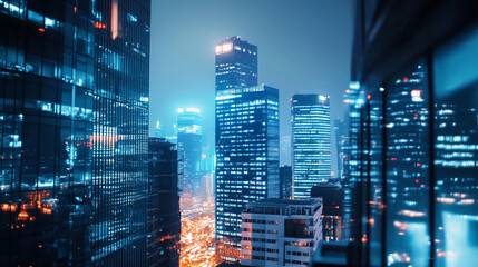 City skyline illuminated by night lights with modern skyscrapers and vibrant energy