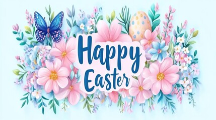 Obraz premium Colorful easter banner with flowers, butterfly, and decorative egg. Happy Easter