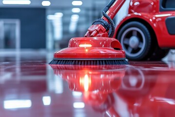 Cleaning action in modern office space with red floor scrubber indoor environment close-up view for effective maintenance