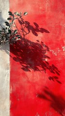 Vibrant shadow play of green leaves on red wall urban setting artistic photography minimalist environment aesthetic concept
