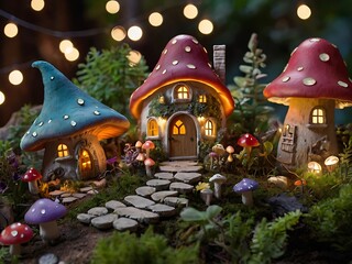 Naklejka premium Enchanting Miniature Mushroom Houses Illuminated At Night