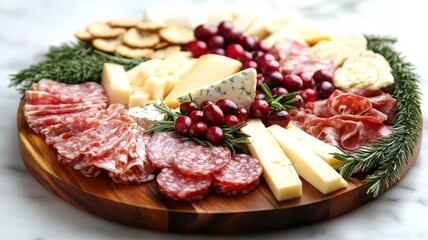 Obraz premium Wooden Board with Salami, Cheese, Crackers, Cranberries, and Rosemary