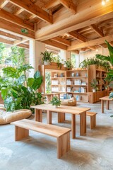 Fototapeta premium Modern Wooden Interior with Greenery and Bookshelves.