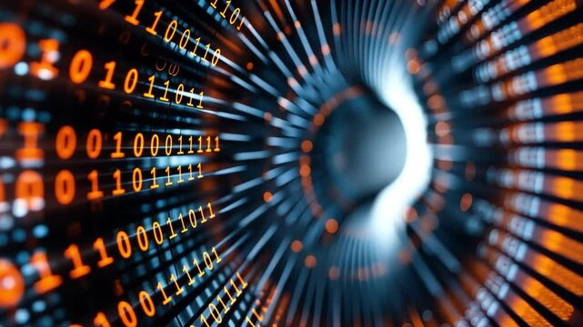 Abstract digital background featuring glowing binary code in vibrant colors, representing technology and data flow in cyberspace.
