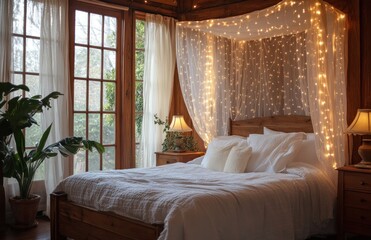Cozy bedroom with fairy lights, wooden bed, and sheer canopy.