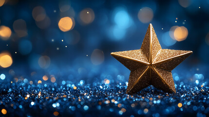 Golden Star on Festive Tree. Blue background, Capture the essence of the holiday season with this enchanting image of a golden star ornament hanging on a beautifully decorated Christmas tree. 