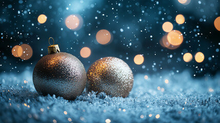 Festive Baubles on Christmas Tree. The ornaments sparkle against a backdrop of soft, warm lights and lush green pine needles, creating a festive and inviting atmosphere. 