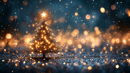 Festive Blue Christmas Tree with Glitter and Warm Lights