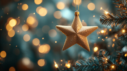 Golden Star on Festive Tree. Blue background, Capture the essence of the holiday season with this enchanting image of a golden star ornament hanging on a beautifully decorated Christmas tree. 