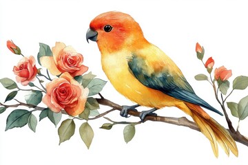Obraz premium A colorful bird perched on a branch with roses, showcasing nature's beauty.