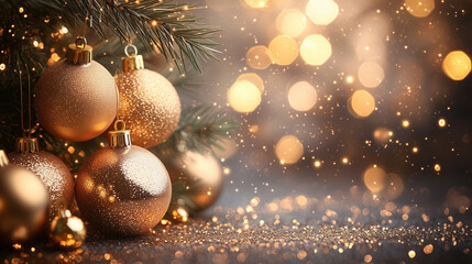 Festive Baubles on Christmas Tree. The ornaments sparkle against a backdrop of soft, warm lights and lush green pine needles, creating a festive and inviting atmosphere. 