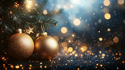 Festive Baubles on Christmas Tree. The ornaments sparkle against a backdrop of soft, warm lights and lush green pine needles, creating a festive and inviting atmosphere. 