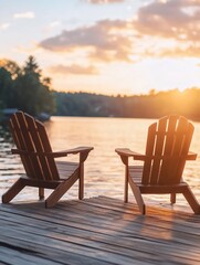 Two Adirondack chairs on a wooden dock at sunset overlooking a lake.