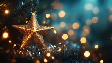 Golden Star on Festive Tree. Blue background, Capture the essence of the holiday season with this enchanting image of a golden star ornament hanging on a beautifully decorated Christmas tree. 