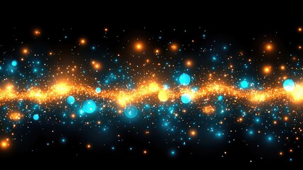 Fototapeta premium Vibrant cosmic light show with glowing blue and orange spheres. Merry Christmas. Happy New Year.