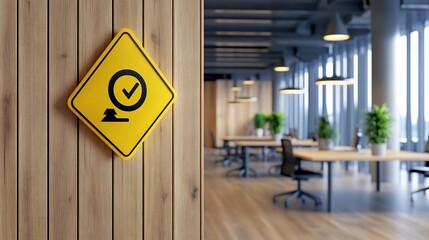 3D Rendered Safety Sign with Notification Symbol in Modern Workplace Environment
