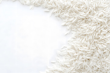 Top view of white rice seed texture background. Organic, natural long rice grain
