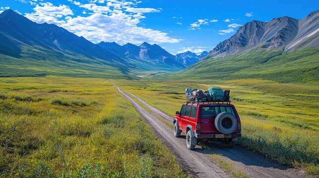 A rugged red off-road vehicle driving through a stunning valley surrounded by towering cliffs and mountains, representing adventure and exploration.