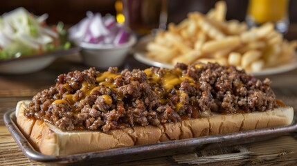 Delicious american fast food scene featuring yellow dog, bread, meat, and sausages with sauce