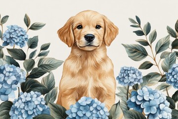 A golden retriever puppy surrounded by blue hydrangea flowers, creating a charming scene.