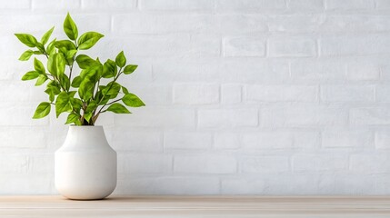 Fototapeta premium Bright and Minimalist Upcycled Ceramic Vase with Natural Foliage in Harmonious Interior Setting