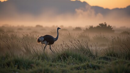 Obraz premium Serene Scene of an Ostrich Walking in Misty Grasslands at Sunrise
