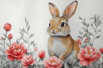 Fototapeta premium A charming rabbit amidst vibrant pink flowers, showcasing nature's beauty.