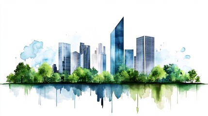 Fototapeta premium Eco-Friendly Watercolor Cityscape with Energy-Efficient Green Architecture