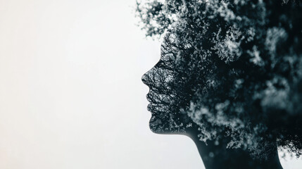 Silhouette of a woman with natural hair intertwined with tree branches, creating a harmonious fusion of nature and human form.
