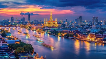 Fototapeta premium Bangkok Temple Cityscape Sunset River Boats