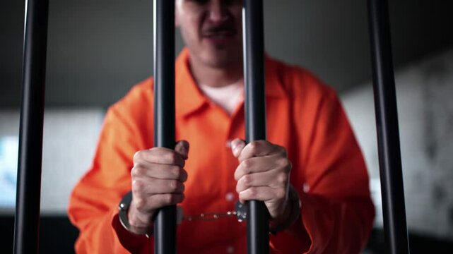 Prisoner Behind Bars In Jail Cell. Crime Punishment