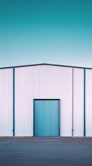 Industrial Minimalism: A starkly minimalist composition, featuring a single blue industrial door against a backdrop of white corrugated metal and a vivid blue sky.