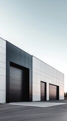Modern Industrial Facade: A minimalist, contemporary warehouse with clean lines and bold contrasts, featuring black garage doors against a crisp white exterior, under a soft,  blue sky.  
