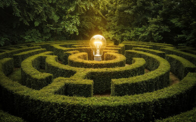 A conceptual illustration of a lush green hedge maze with a glowing light bulb at its center, symbolizing creativity, innovation, and ideas