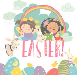 Cute little girls with Easter theme. Happy Easter. Vector greeting card