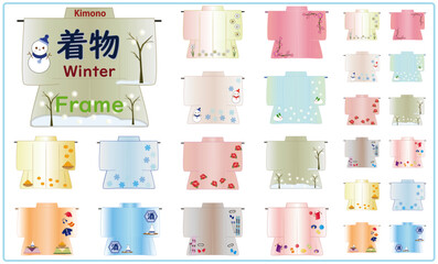 着物フレーム（冬のアイテム）ゆきだるま・雪・毛糸・スキー・酒・みかん