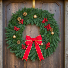 Festive Christmas Wreath on Rustic Wooden Door