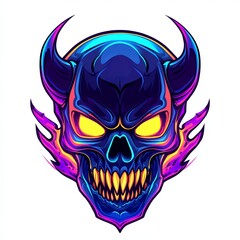 Fototapeta premium A vibrant, neon-colored skull with horns and flames. Detailed illustration of a demonic skull with glowing eyes and sharp teeth.
