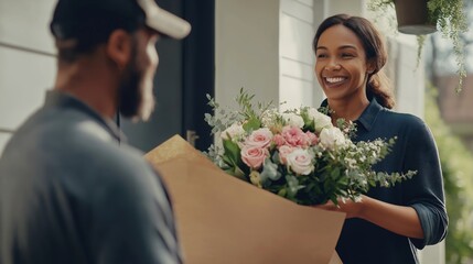 Smiling Woman Receives Beautiful Flower Bouquet Delivery at Her Front Door in a Joyful Moment
